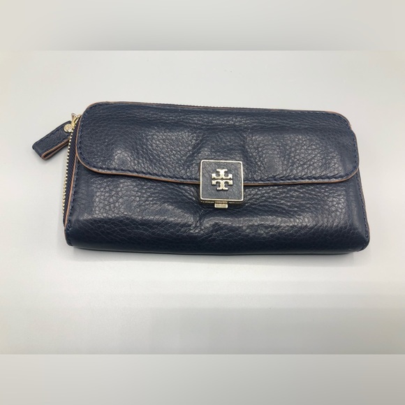 Tory Burch Marion Raffia Straw Tote Blue Black Stripes Leather Trimmed + Wallet - Picture 13 of 16